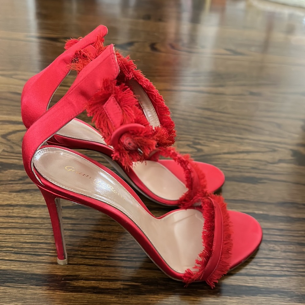 GIANVITO ROSSI Caribe 105 Red Satin Fringe Trim Accent Sandals Size 40.5 - Picture 12 of 16